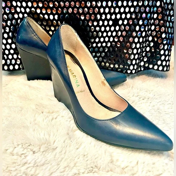 San Marina Navy Wedge Pointed Toe Heels Pump - Picture 1 of 10